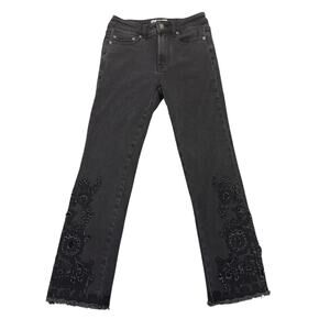 Free People Crop Cutwork Cigarette Black Boho Floral Embroidered Jeans Size 25